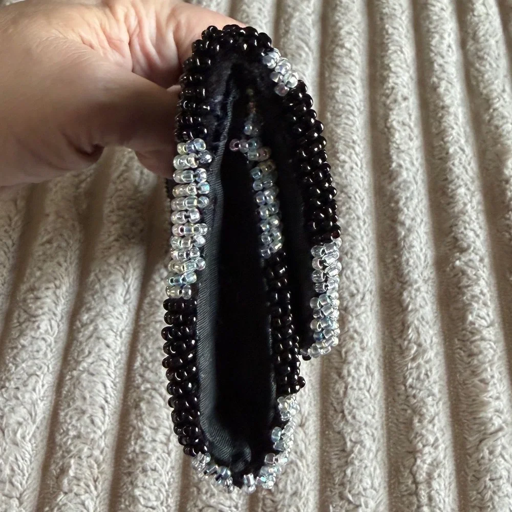 Vintage Black Velvet Beaded‎ Clutch Rhinestone Medallion Evening Bag Baguette